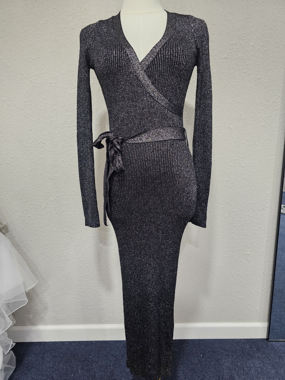 Flying Tomato Metallic Wrap Maxi Dress in Black Size Small